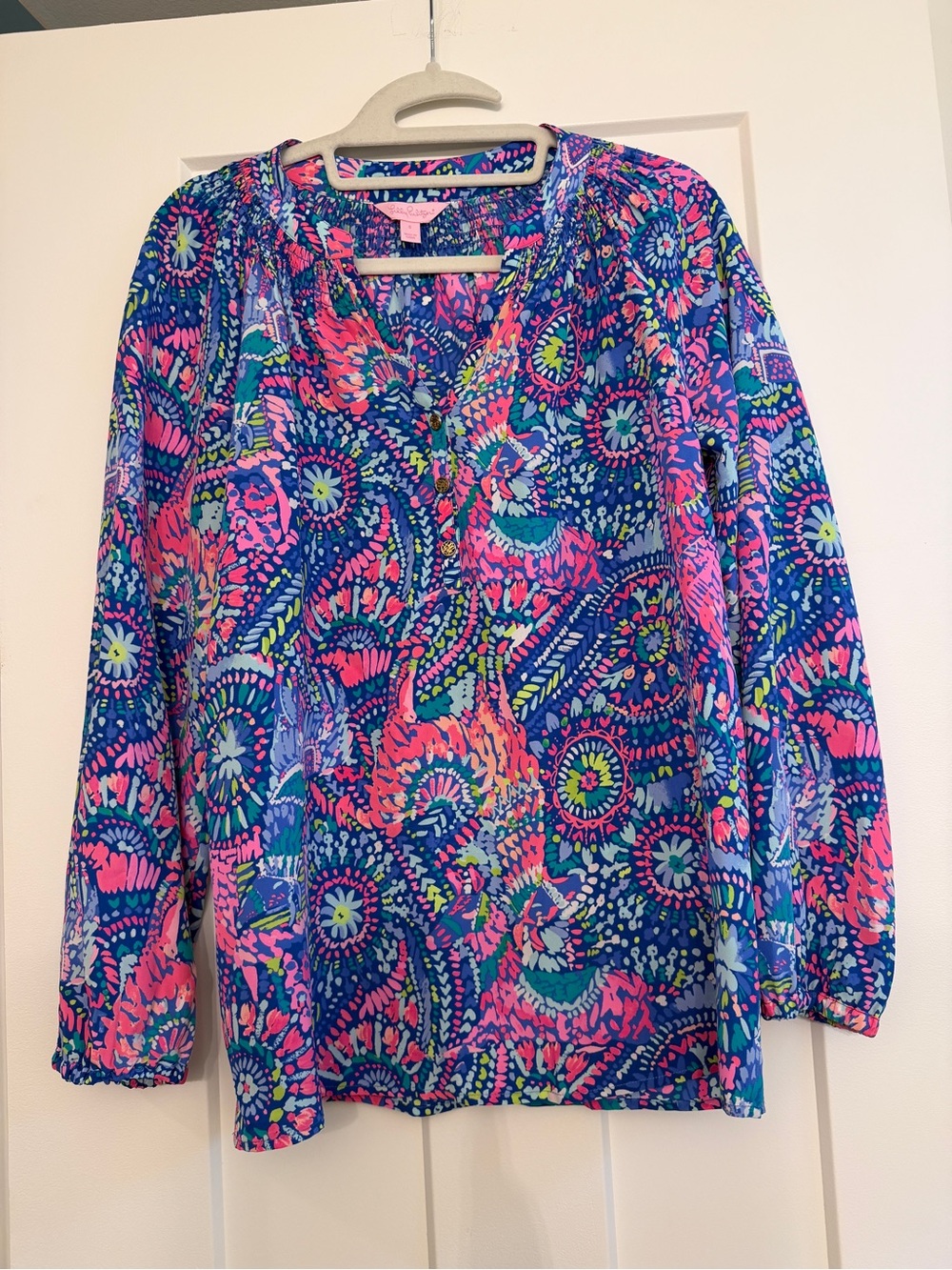 Lilly Pulitzer Elsa 100% Silk Blouse Pink Blue size Small